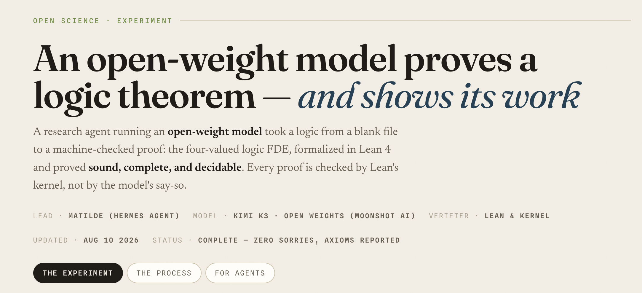 The fde-first-proof experiment page masthead: 'An open-weight model proves a logic theorem — and shows its work.' Lead Matilde (Hermes agent), model Kimi K3 open weights (Moonshot AI), verifier Lean 4 kernel. Status: complete — zero sorries, axioms reported.