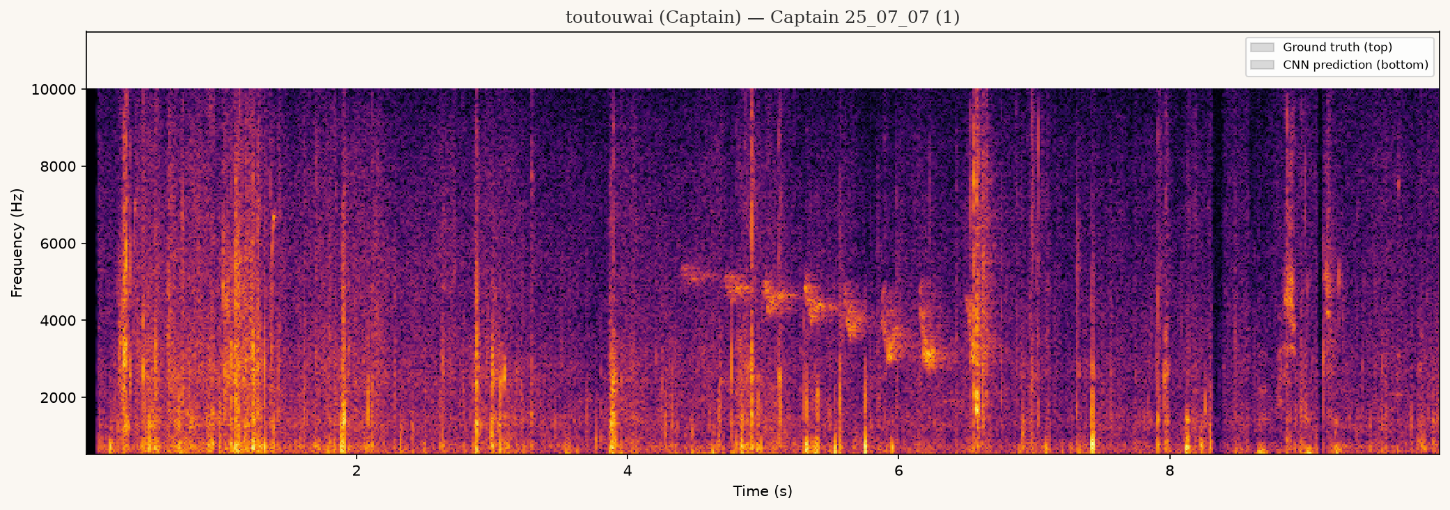 Toutouwai spectrogram, ground-truth annotations only — Captain